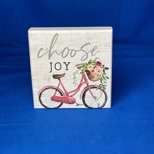 Choose Joy Wood Block Sign - Pink Bicycle Floral Decor - Rustic Farmhouse Art
